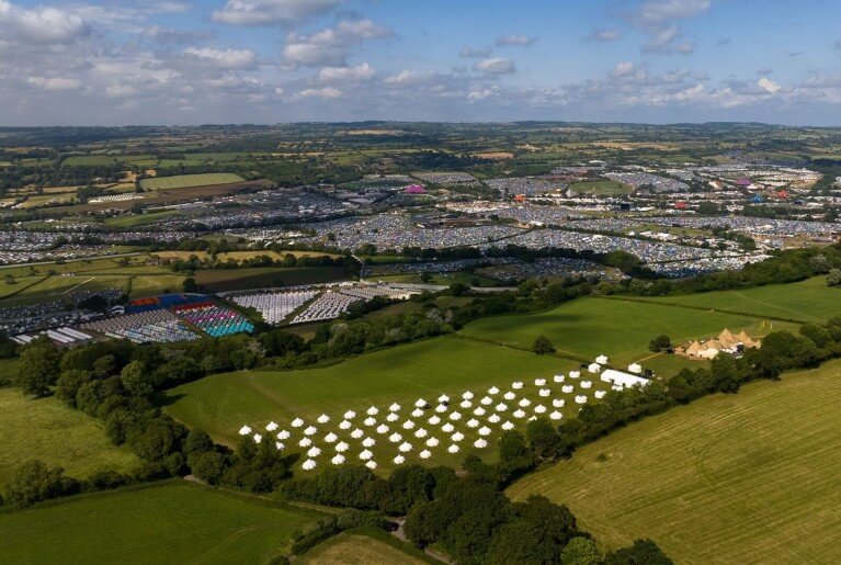 Aerial view over the Glastonbury Festival Site